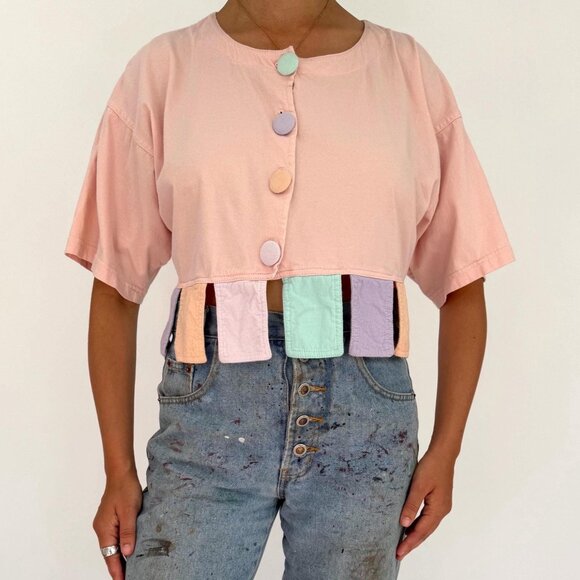 Vintage Tops - vintage pink colorful pastel unique casual clowncore cotton button up crop top